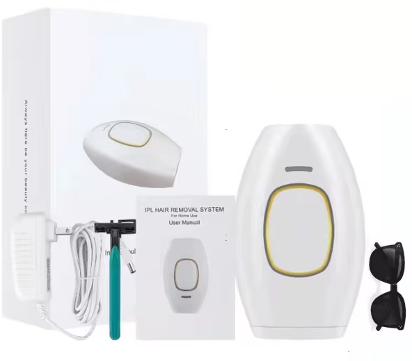 Kit de depiladora de luz pulsada IPL con caja, manual, fuente de alimentación, rastrillo y gafas de protección