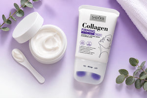 Crema SADOER Collagen en flatlay junto a hojas de eucalipto
