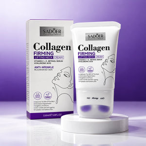 Crema Reafirmante SADOER Collagen junto a su caja, sobre fondo violeta