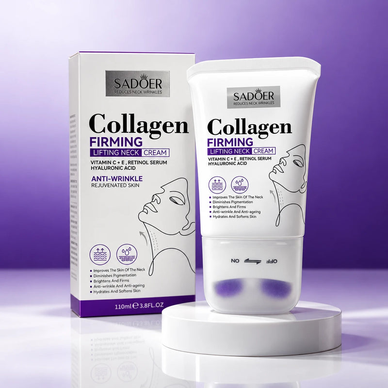 Crema Reafirmante SADOER Collagen junto a su caja, sobre fondo violeta